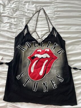Rolling Stones Black Graphic Tank Top with Chain Straps